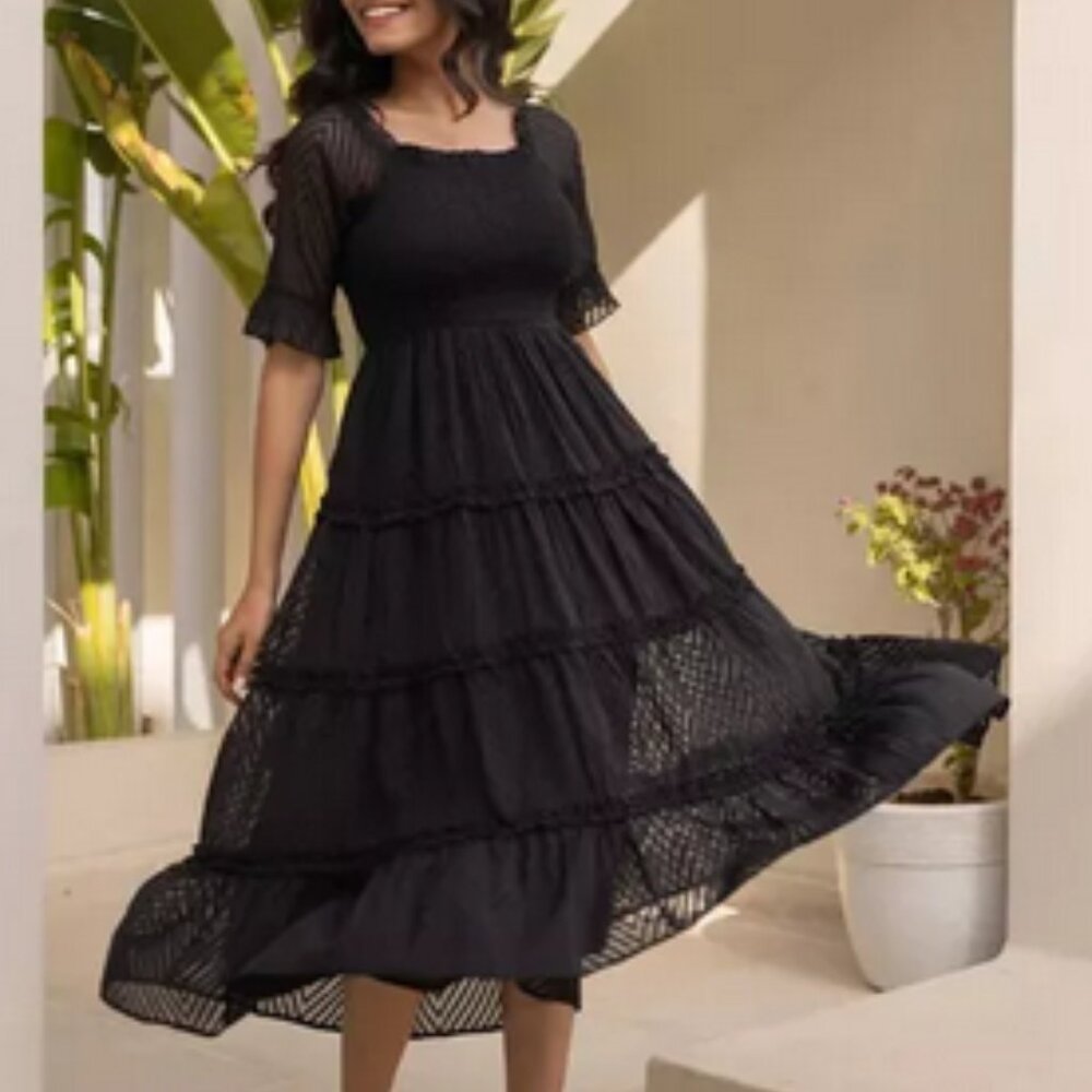 Polago Clothing Black Dobby Maxi Dress Smocked Ruffle Tiered S